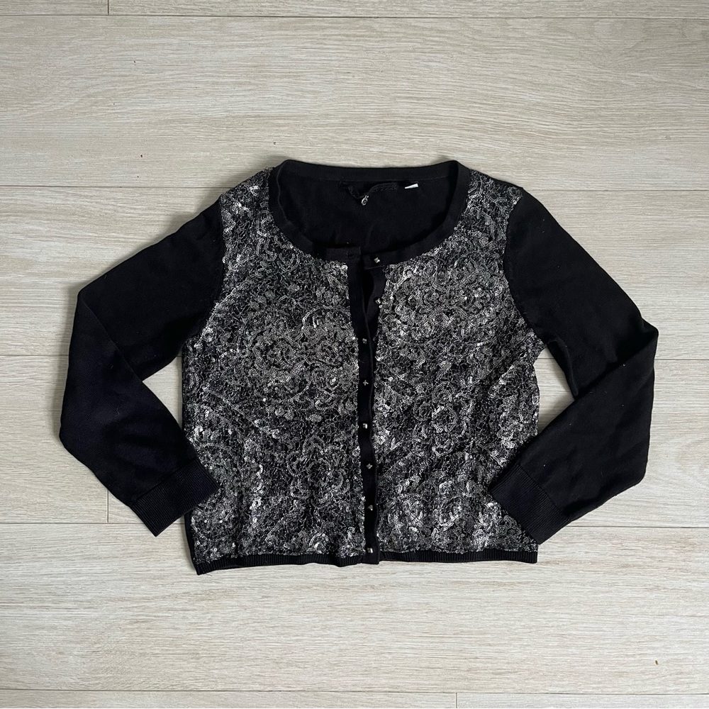 Black cardigan with silver sequins. Size small. vintage cardigan/sweater.